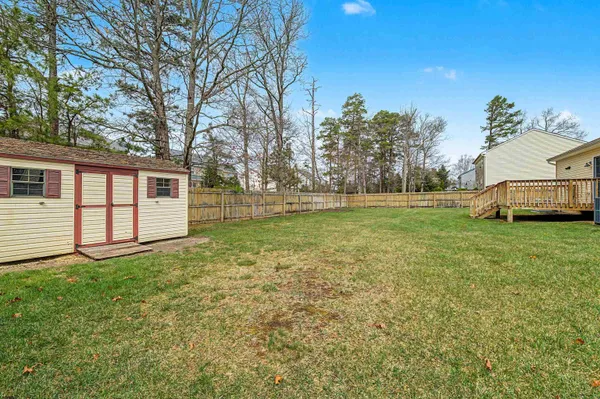 a view of a backyard with large trees