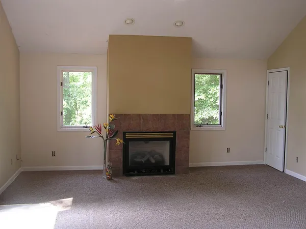 a view of empty room with a fireplace