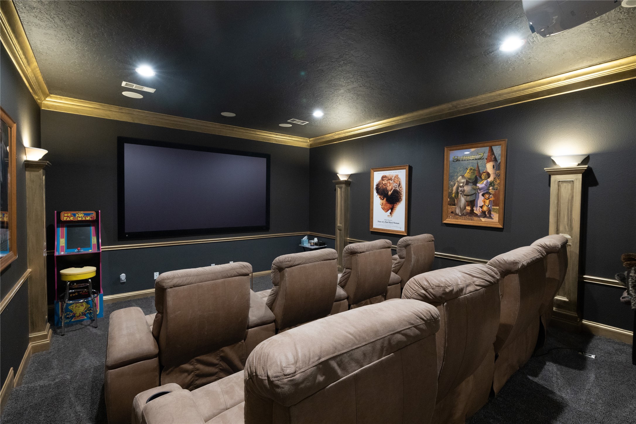 4002 Silver Ridge Boulevard Missouri City, TX 77459 - Photo 30 of 50 This is a cozy, dedicated home theater room featuring a large screen, comfortable tiered seating, elegant dark walls with decorative trim, and recessed lighting for an immersive movie experience.