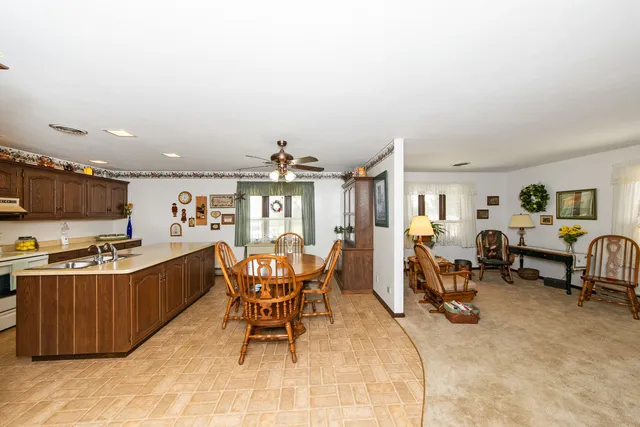 a view of a dining room with furniture