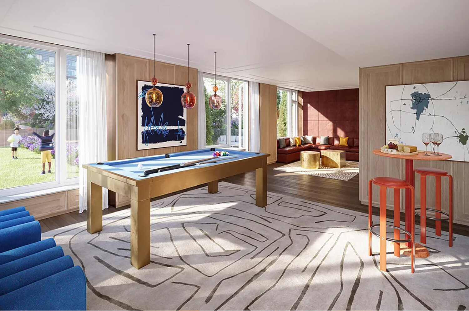 210 Warren Street, Unit 9G Manhattan, NY 10282 - Photo 9 of 11 a living room with furniture a large window and wooden floor