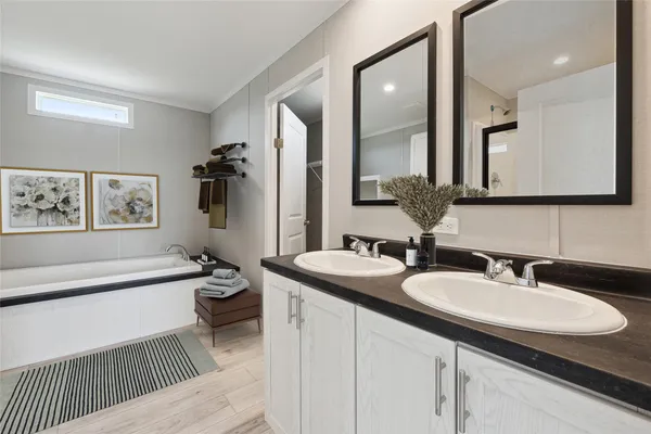 a bathroom with a sink double vanity granite tub and a mirror