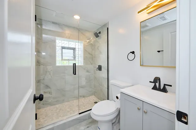 a bathroom with a shower a sink a toilet and a mirror