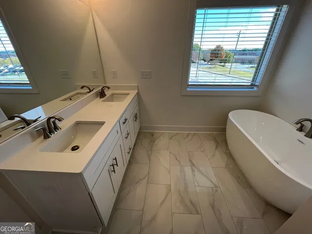 a bathroom with a double vanity sink mirror double shower and a bathtub