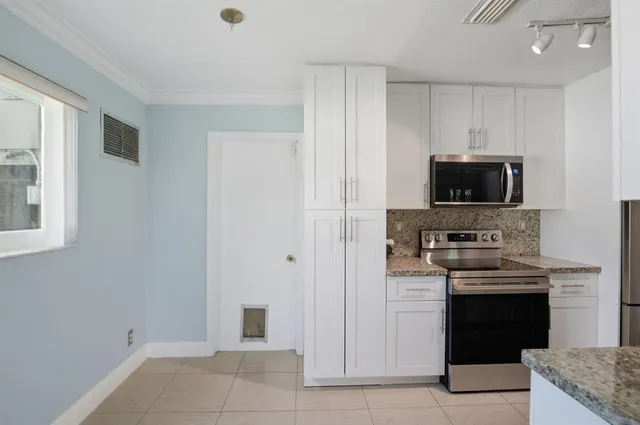 a kitchen with a stove and a microwave