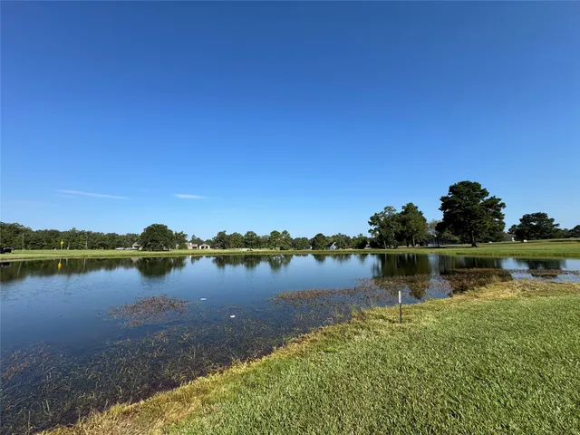 a view of a lake with houses in back