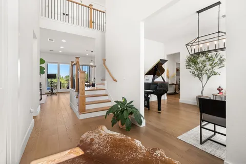a living room with furniture a fireplace and a potted plant