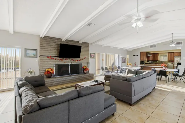 a view of a swimming pool and an outdoor space