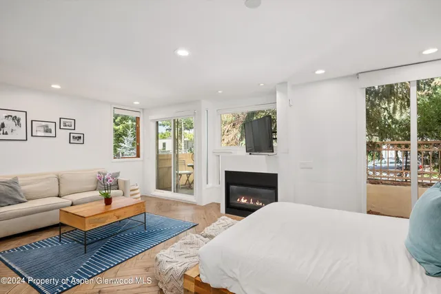 a bedroom with furniture and a fireplace