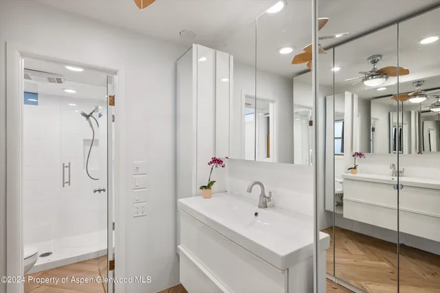 a bathroom with a shower sink and mirror