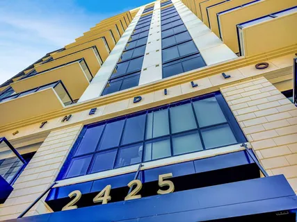 a view of a building from a balcony
