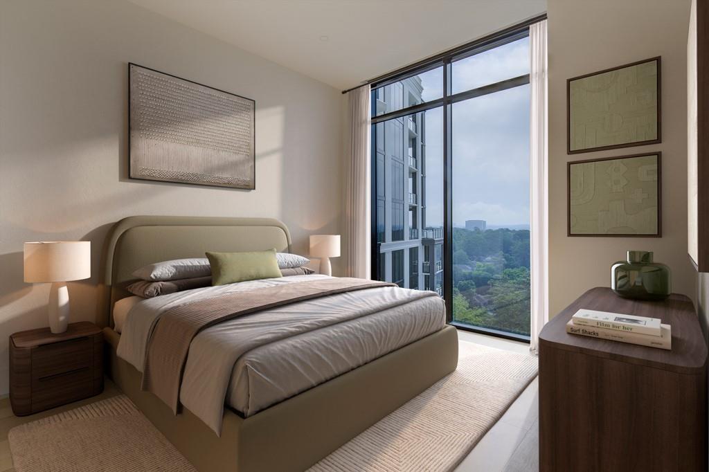 2425 Peachtree Street Northeast, Unit 1505 Atlanta, GA 30305 - Photo 7 of 25 a bedroom with a balcony a bed and a mirror