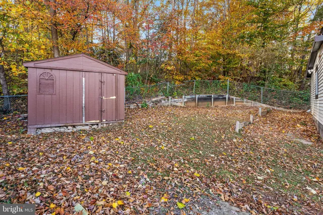 a backyard of a house with a large tree