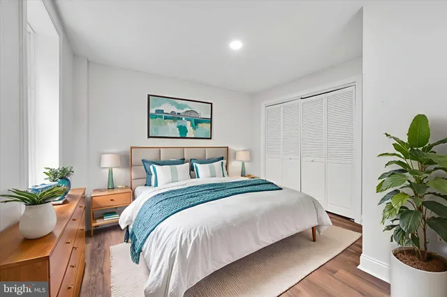 a bedroom with bed plant and a window