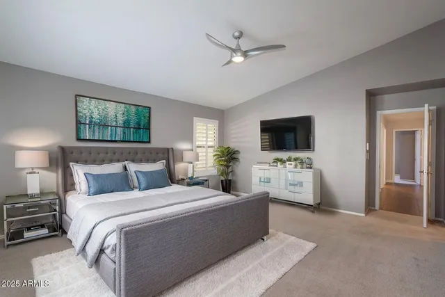 a bedroom with a bed a tv and couches