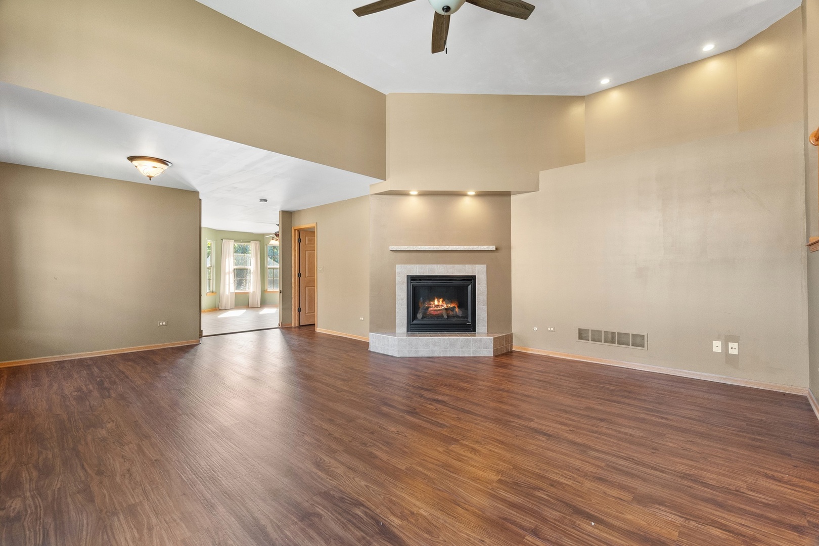 25593 O'Connel Lane Manhattan, IL 60442 - Photo 5 of 24 an empty room with wooden floor fireplace and windows