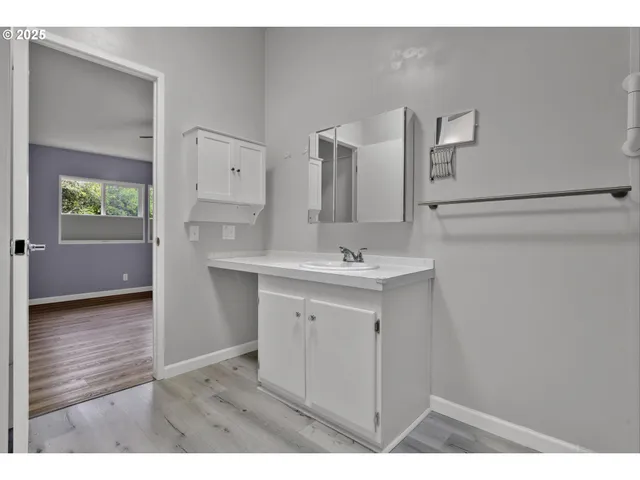 a bathroom with a sink vanity and a mirror