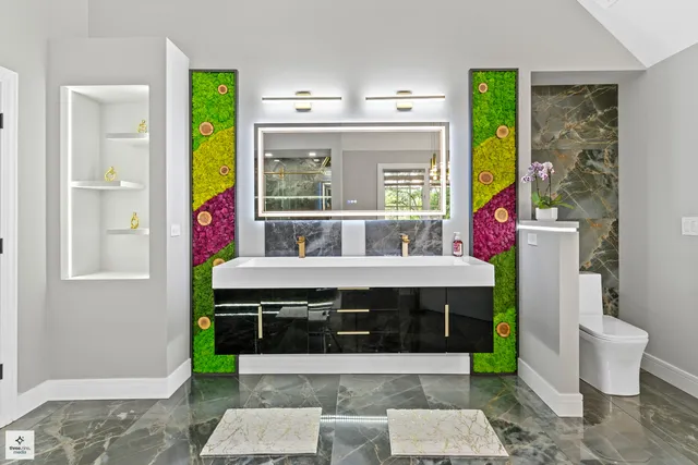 a bathroom with a bathtub and a sink