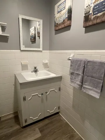 a bathroom with a sink mirror and vanity