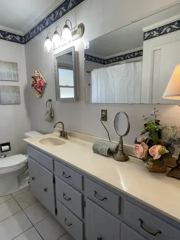 a bathroom with a sink mirror and toilet
