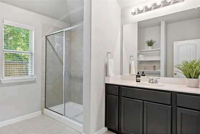 a bathroom with a shower sink and mirror