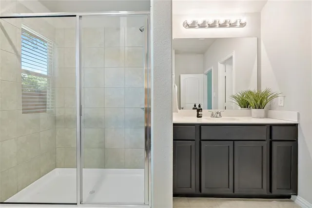 a bathroom with a shower sink and mirror