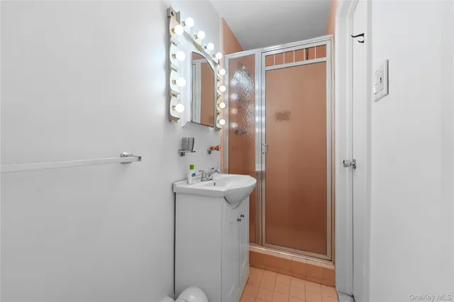 a bathroom with a shower and a sink