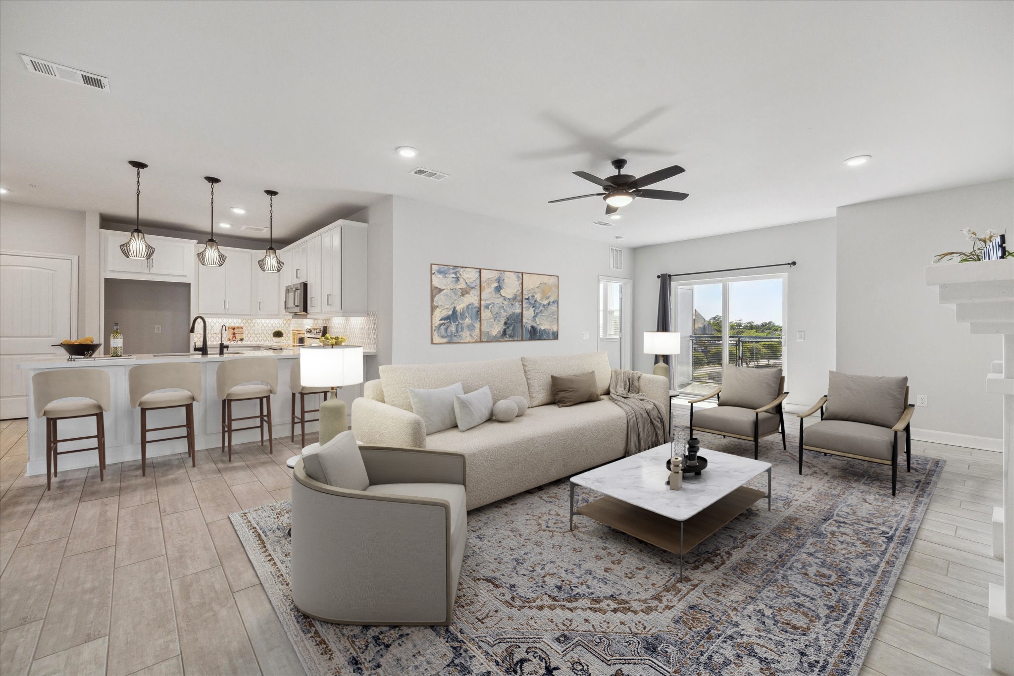 6804 Westview Drive, Unit 1407 Houston, TX 77055 - Photo 2 of 31 Virtually Staged. The living room has sliding glass doors that open to a private balcony with a view of the community pond.