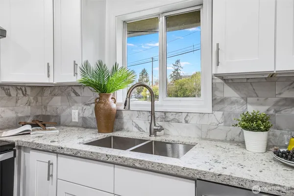 a kitchen with a sink a potted plant and a window