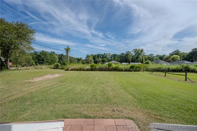 a view of a field with an trees in the background