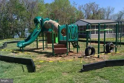a view of a garden with a slide