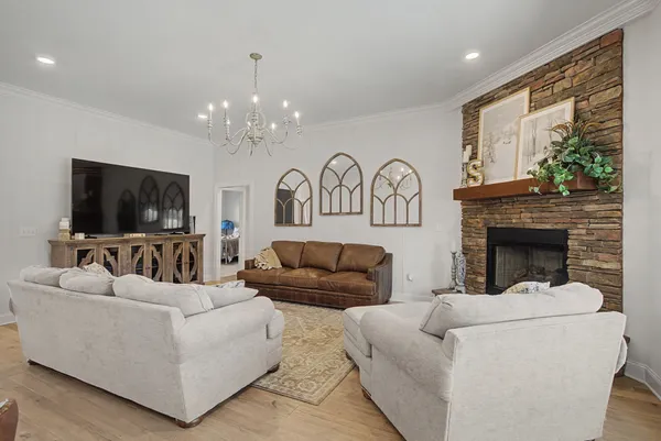 a living room with furniture or couch and a fireplace