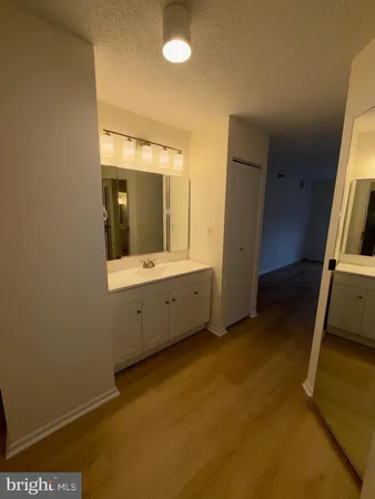 a view of a bathroom with double vanity sink and mirror