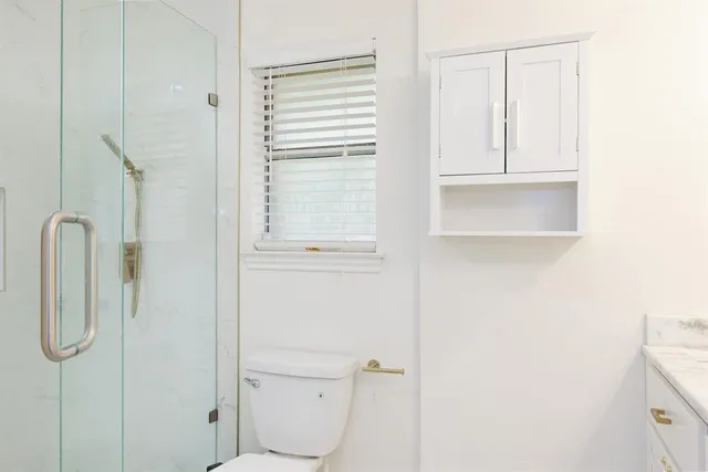 a bathroom with a shower and a toilet