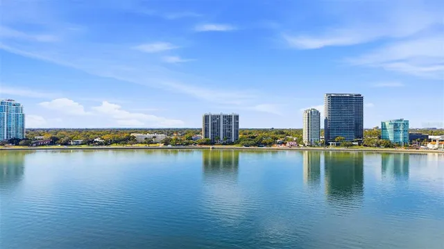 a city view with tall buildings