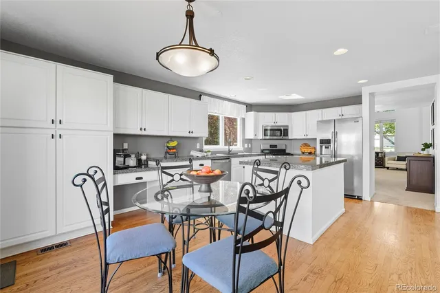 a view of a dining room with furniture and wooden floor