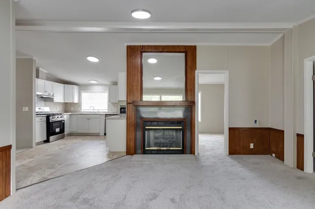a open kitchen view with fireplace and cabinets