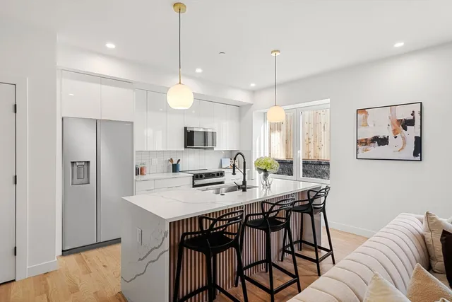 a view of a dining room with furniture