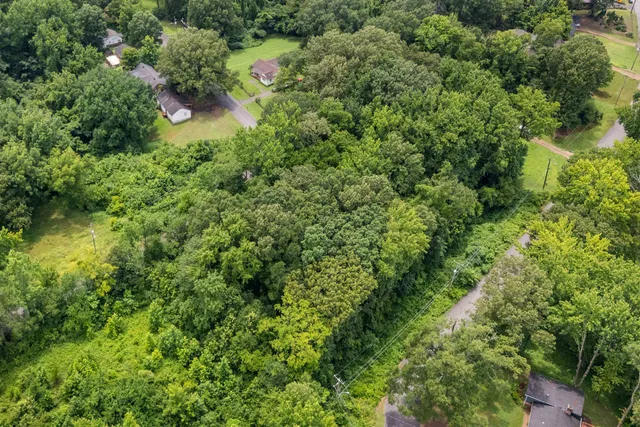 an aerial view of residential houses with outdoor space and trees