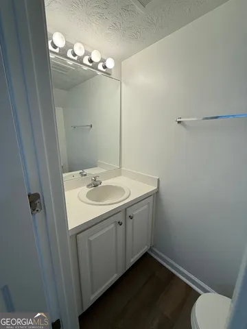 a bathroom with a sink vanity and toilet