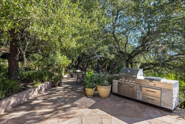 a view of a patio with table and chairs and potted plants