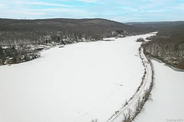 a view of a dry yard with mountains in the background