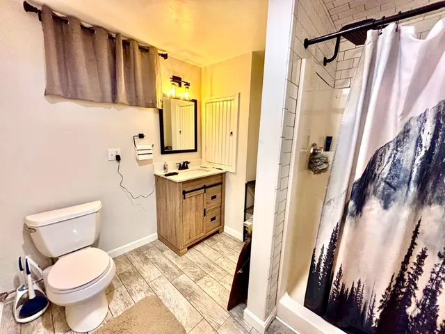 a bathroom with a sink toilet and shower
