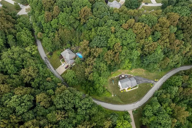 an aerial view of a house with outdoor space and trees all around