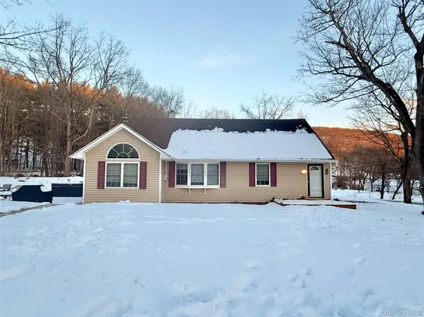 a view of a house with a yard covered in snow