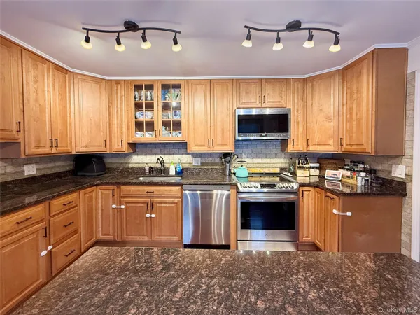 a kitchen with stainless steel appliances granite countertop a stove a sink and a microwave