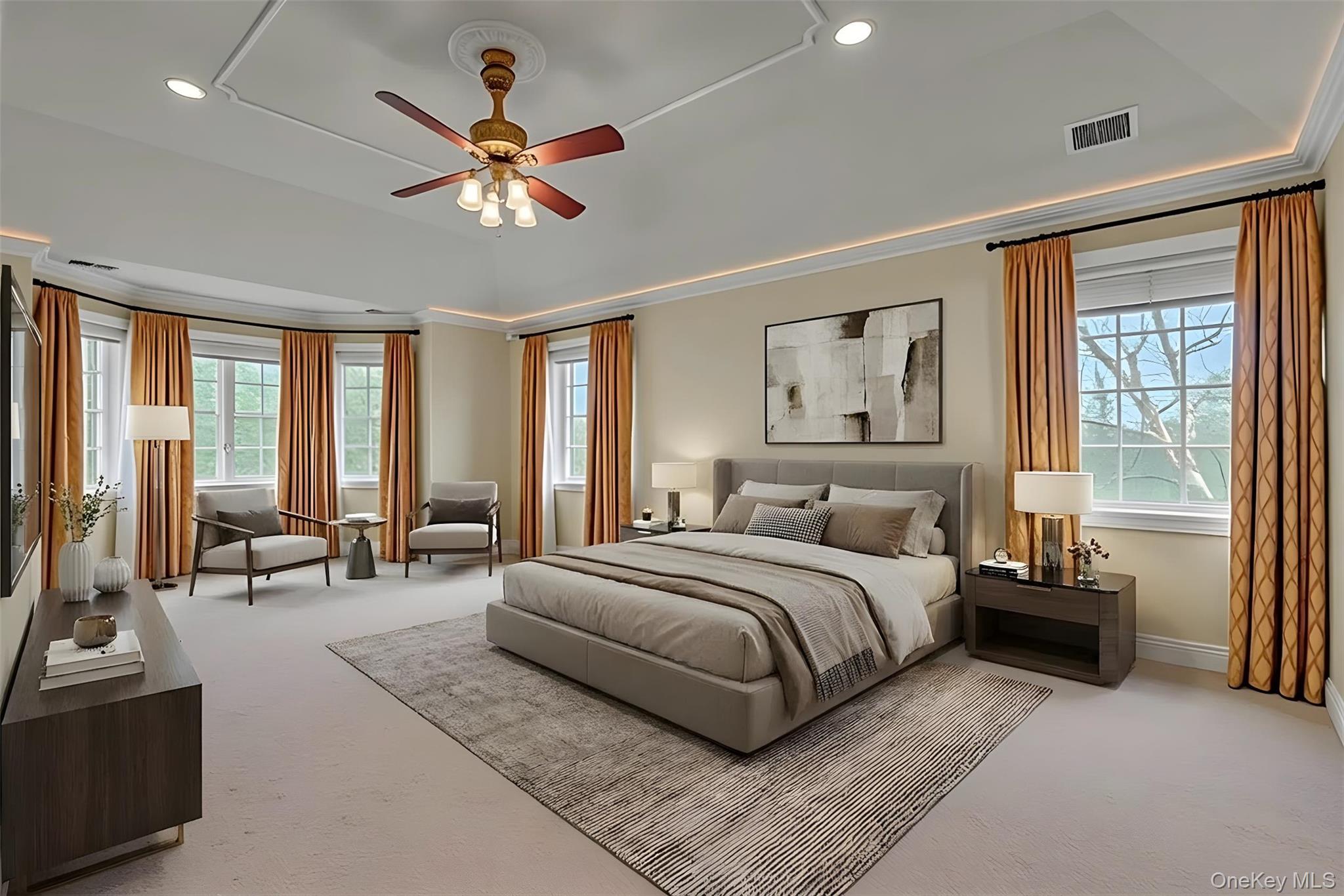 199 Hirst Road Briarcliff Manor, NY 10510 - Photo 24 of 50 Expansive Primary Bedroom Suite with loads of windows, tray ceiling w/ceiling fan & recessed & cove lighting; (furniture virtually staged).