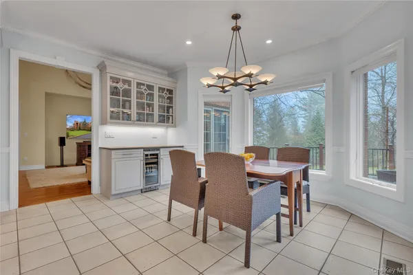 a view of a dining room with furniture window and outside view