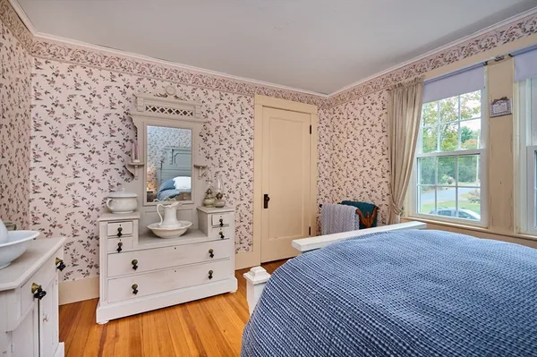 a spacious bedroom with a bed and a fireplace