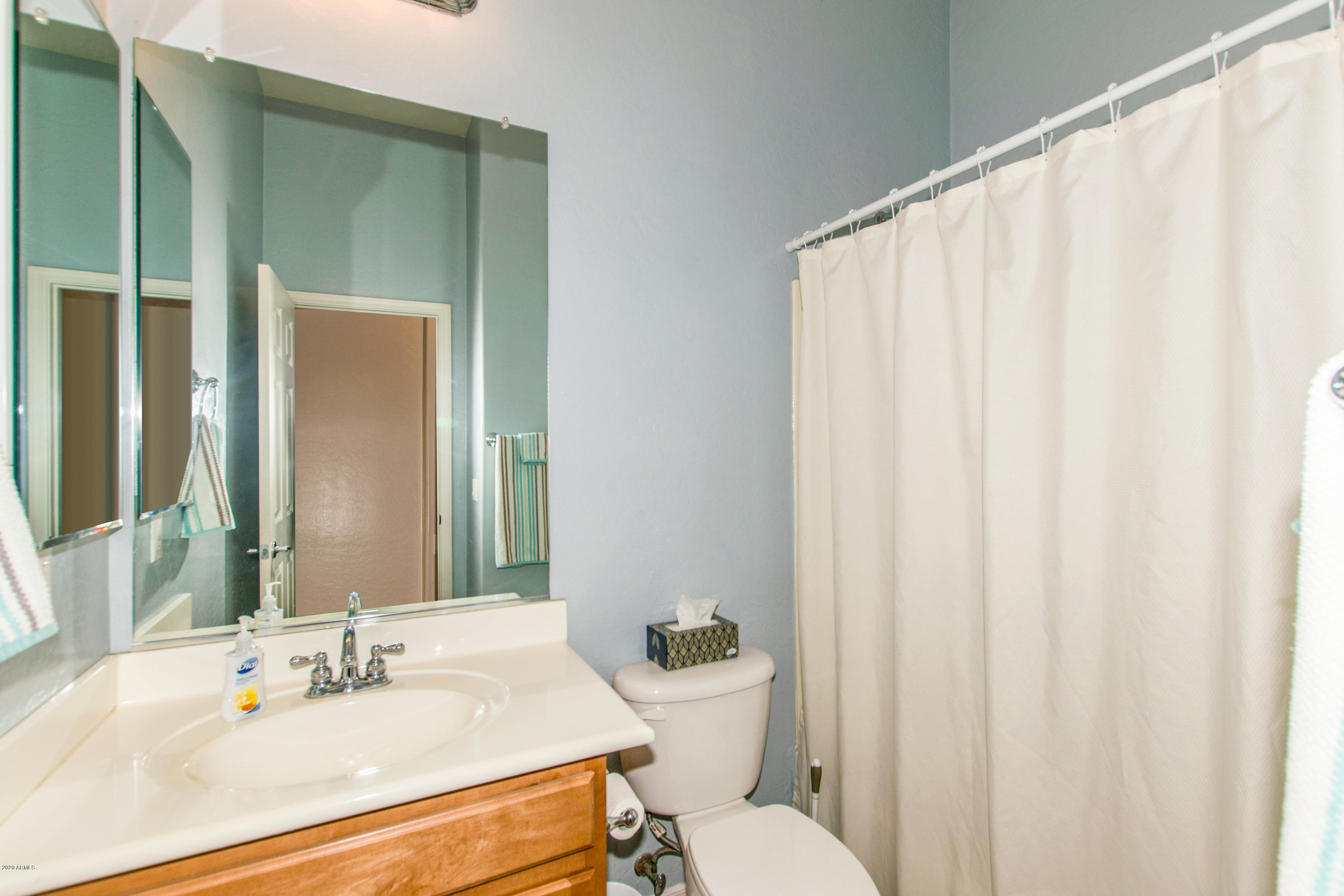 2426 West Apache Rain Road Phoenix, AZ 85085 - Photo 22 of 27 a bathroom with a sink a toilet and shower curtain